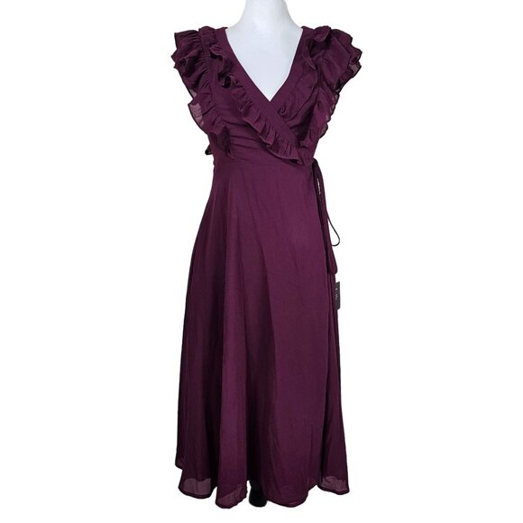 Lulus Burgundy Midi Wrap Dress XS Ruffle Fairy Romantic Coquette Flowy Whimsical - Picture 1 of 13
